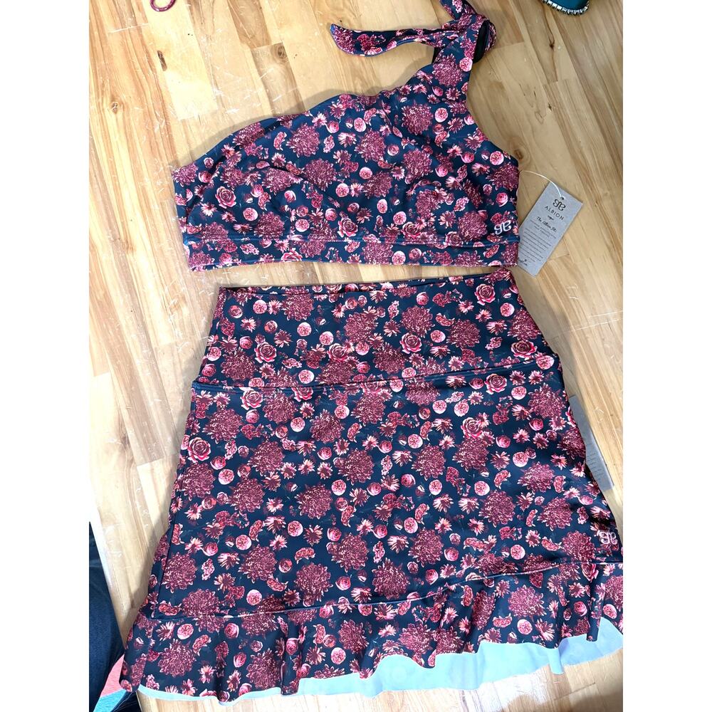Nwt Albion Swimsuit Set Pink Ditzy Millie One Shoulder Top High Waisted Skirt M